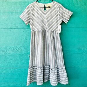 LINEN BLEND BLUE STRIPED SHORT SLEEVE PRARIE BOHO MIDI DRESS POCKETS MEDIUM NWT